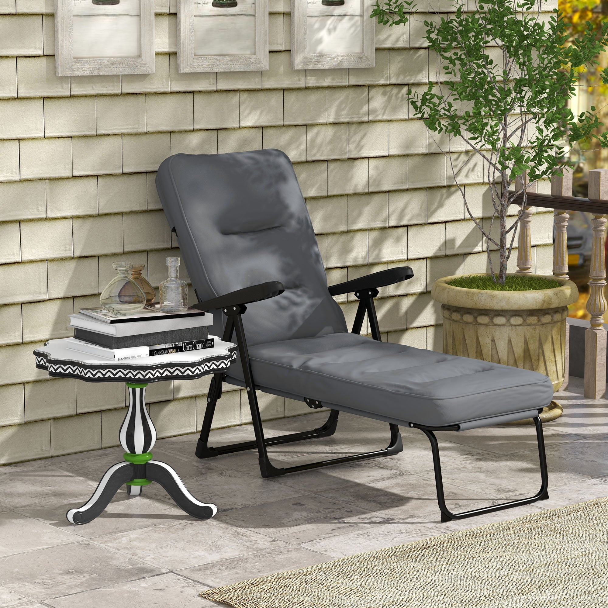 Outsunny Padded Outdoor Lounge Chair Folding Recliner with Adjustable Back Footrest Cushioned Light Grey