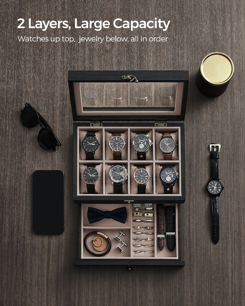 SONGMICS 8 & 12-Slot Watch Box with Large Glass Lid