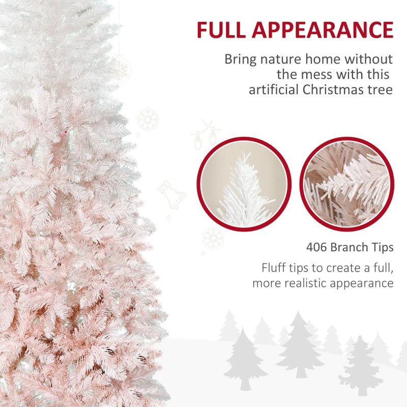 HOMCOM Pencil Artificial Christmas Tree with Pine Realistic Branches, Auto Open, Pink and White