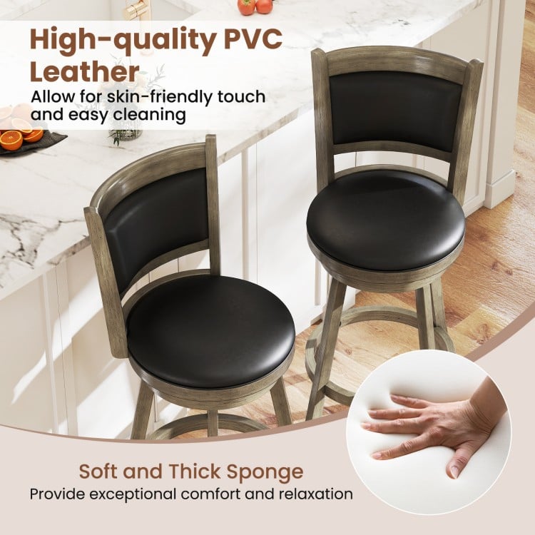 2 Pieces 29 Inch Wooden Swivel Height Bar Stool with PVC Cushioned Seat-Gray