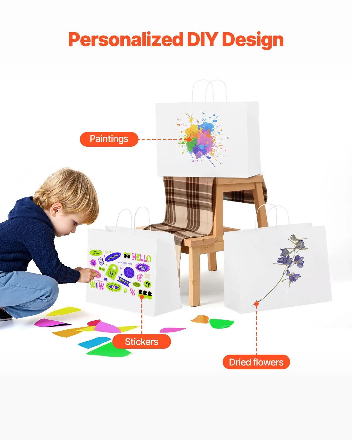 VEVOR Kraft Paper Bags with Handles – 50/100Pcs, 16 x 6 x 12 in, Large Reusable & Recycled Grocery/Party Bags – White, Brown, Black