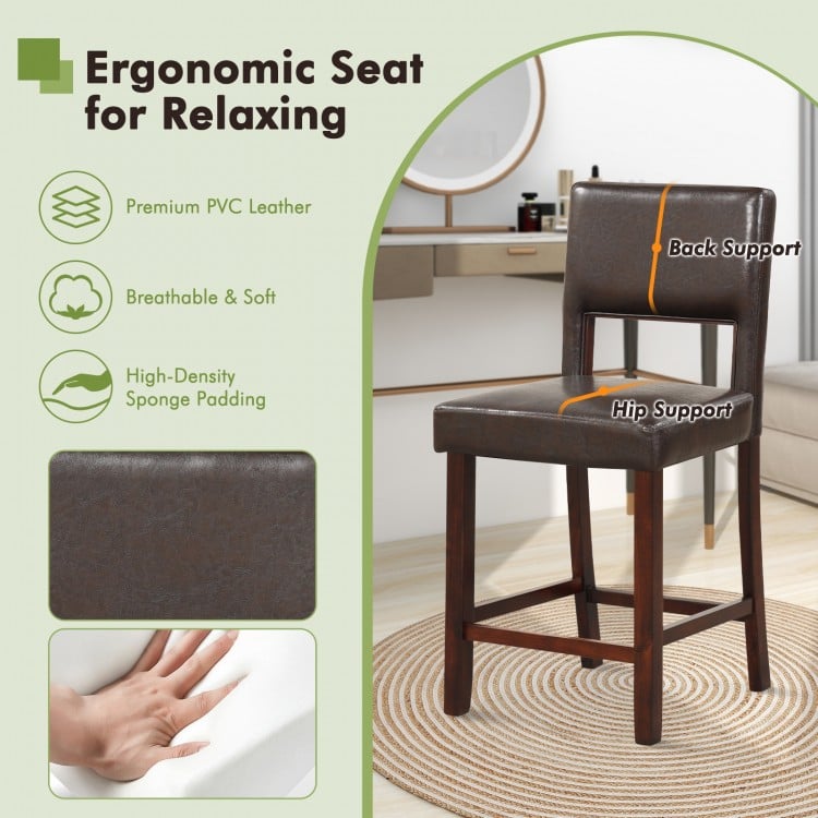 2 Piece Bar Chair Set with Hollowed Back and Rubber Wood Legs-Brown