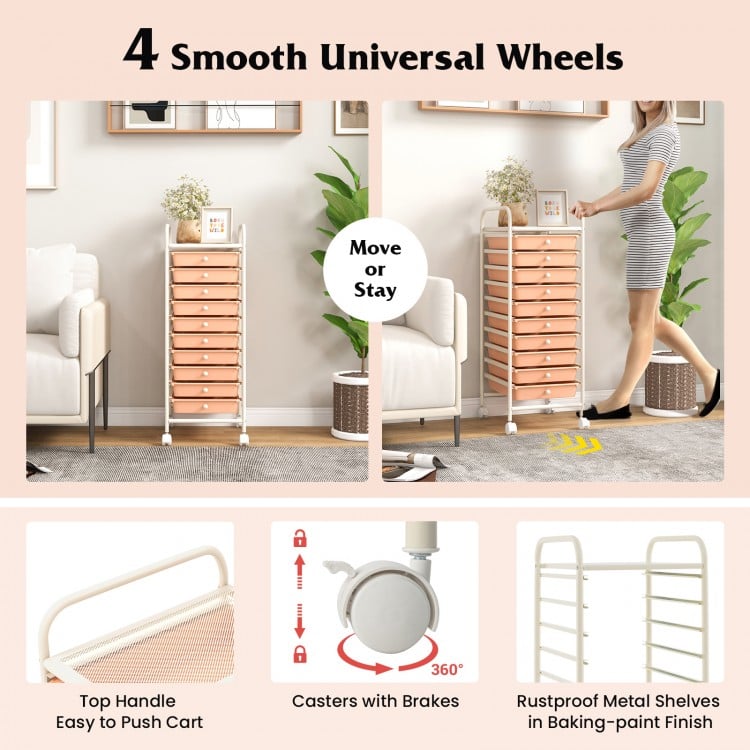 10 Drawer Rolling Storage Cart Organizer with 4 Universal Casters-Cherry