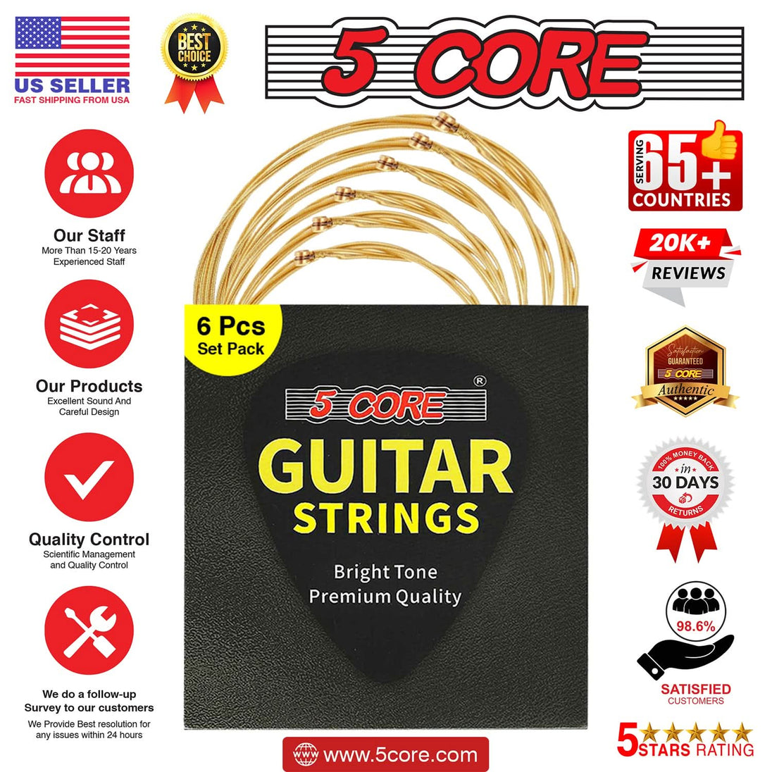 5Core Acoustic Guitar Strings 0.010-0.047 Steel Gauge Heavy Duty w Bright Tone For 6 String Guitars (Copy)