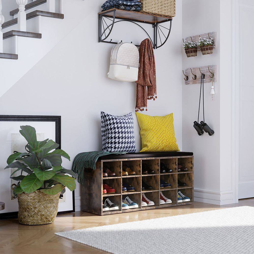 VASAGLE Shoe Bench with Cushion,15 Compartments