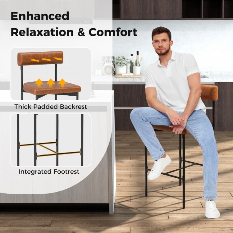 26 Inch Upholstered Bar Stools Set of 2 Counter Height Bar Chairs with Backrest-Brown