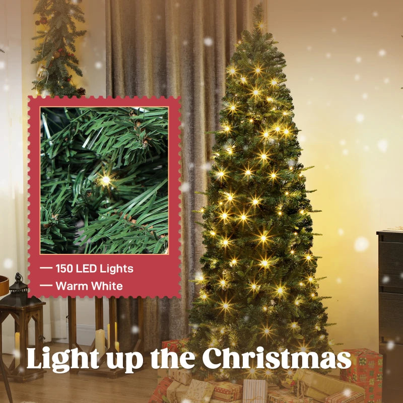 HOMCOM 7FT Prelit Pop Up Artificial Christmas Tree, Collapsible Green Xmas Tree with Warm White LED Lights and Metal Stand