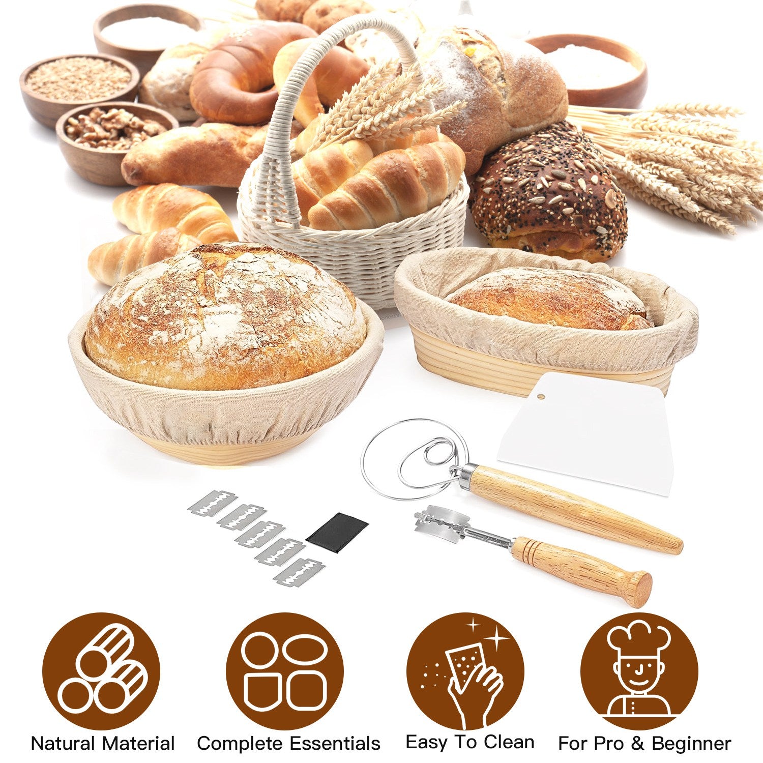 Complete Bread Baking Kit Banneton Proofing Basket Set 9In Round And 10In Oval Basket With Linen Liner Lame Dough Scraper Whisk