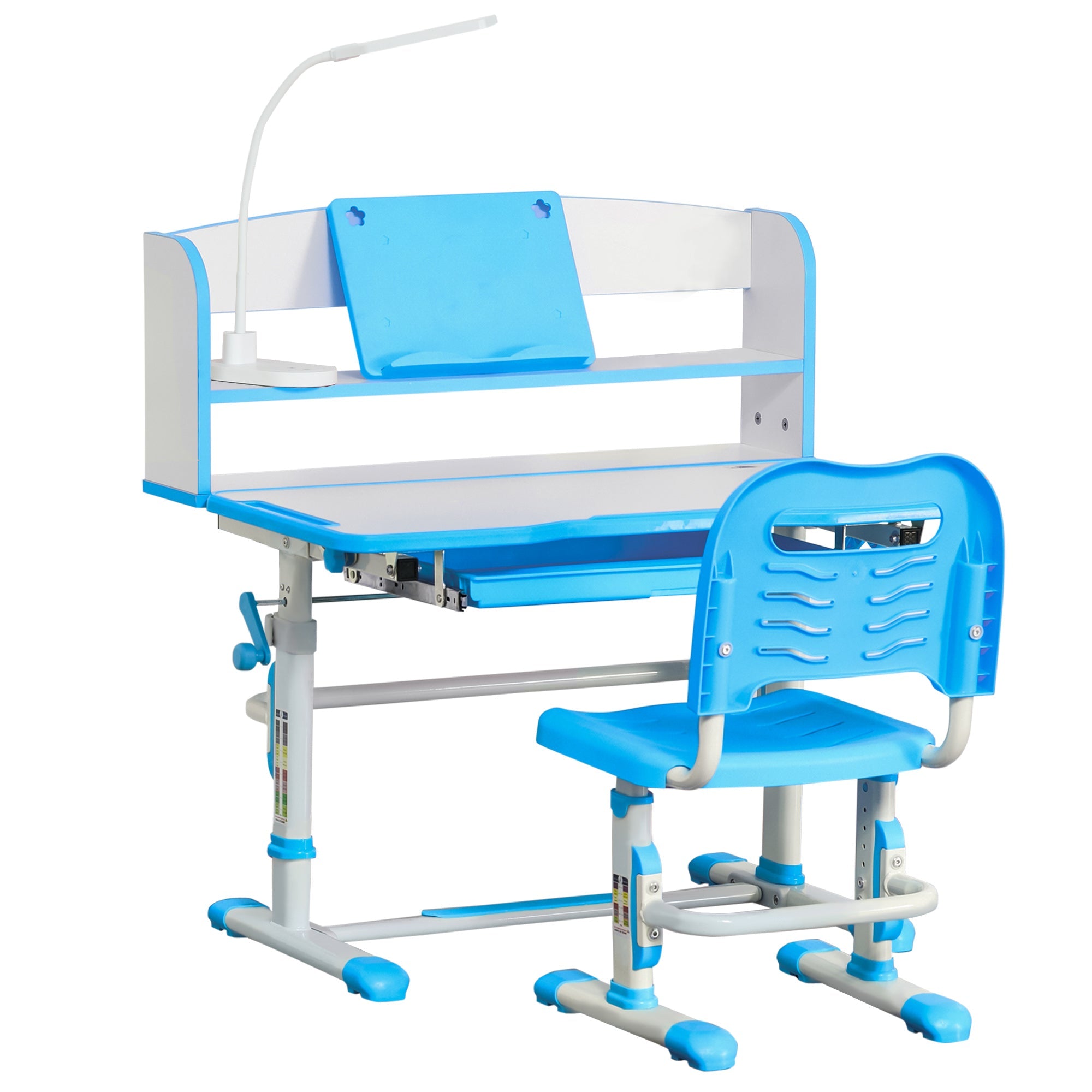Qaba Kids Adjustable Desk and Chair Set with LED Light Bookshelf Drawer for Student Study Blue