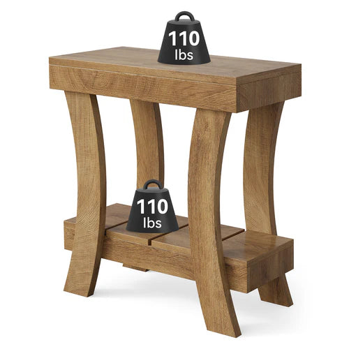 End Table 2-Tier Narrow Rectangular Side Table with Storage Shelf for Small Spaces and Heavy Duty Design Rustic Natural Finish