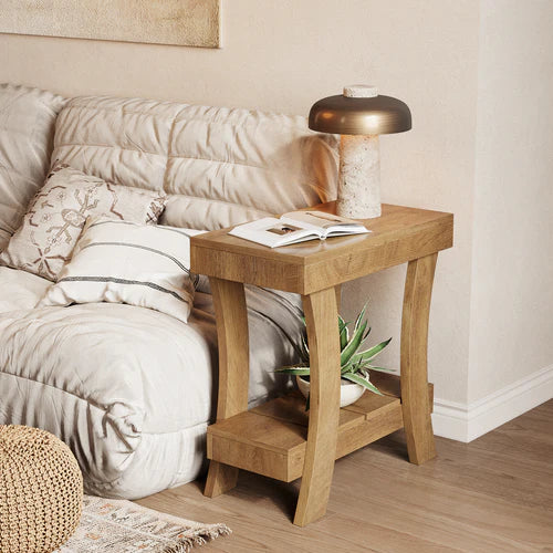 End Table 2-Tier Narrow Rectangular Side Table with Storage Shelf for Small Spaces and Heavy Duty Design Rustic Natural Finish