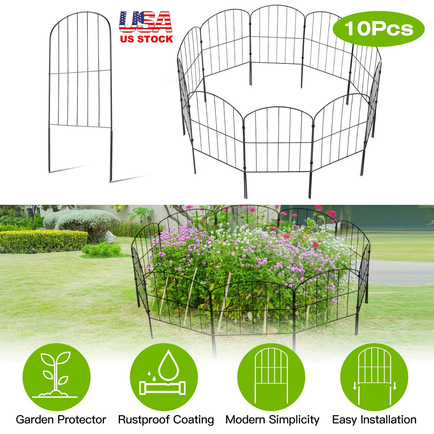 10Pcs Decorative Garden Fence Rustproof Iron Wire Arched Fence Animal Barrier Border 12.59” Width 23.93” Length For Yard Landscape Patio Outdoor Decor