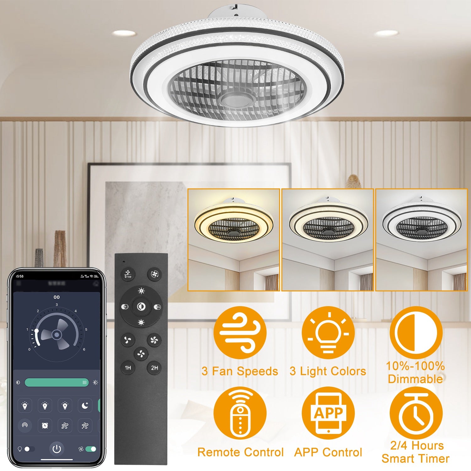 20.5in Ceiling Fan with Light Round Pendant Fan Lamp 30W LED Ceiling Fan with 3-Fan Speed Remote Control Timer APP Control