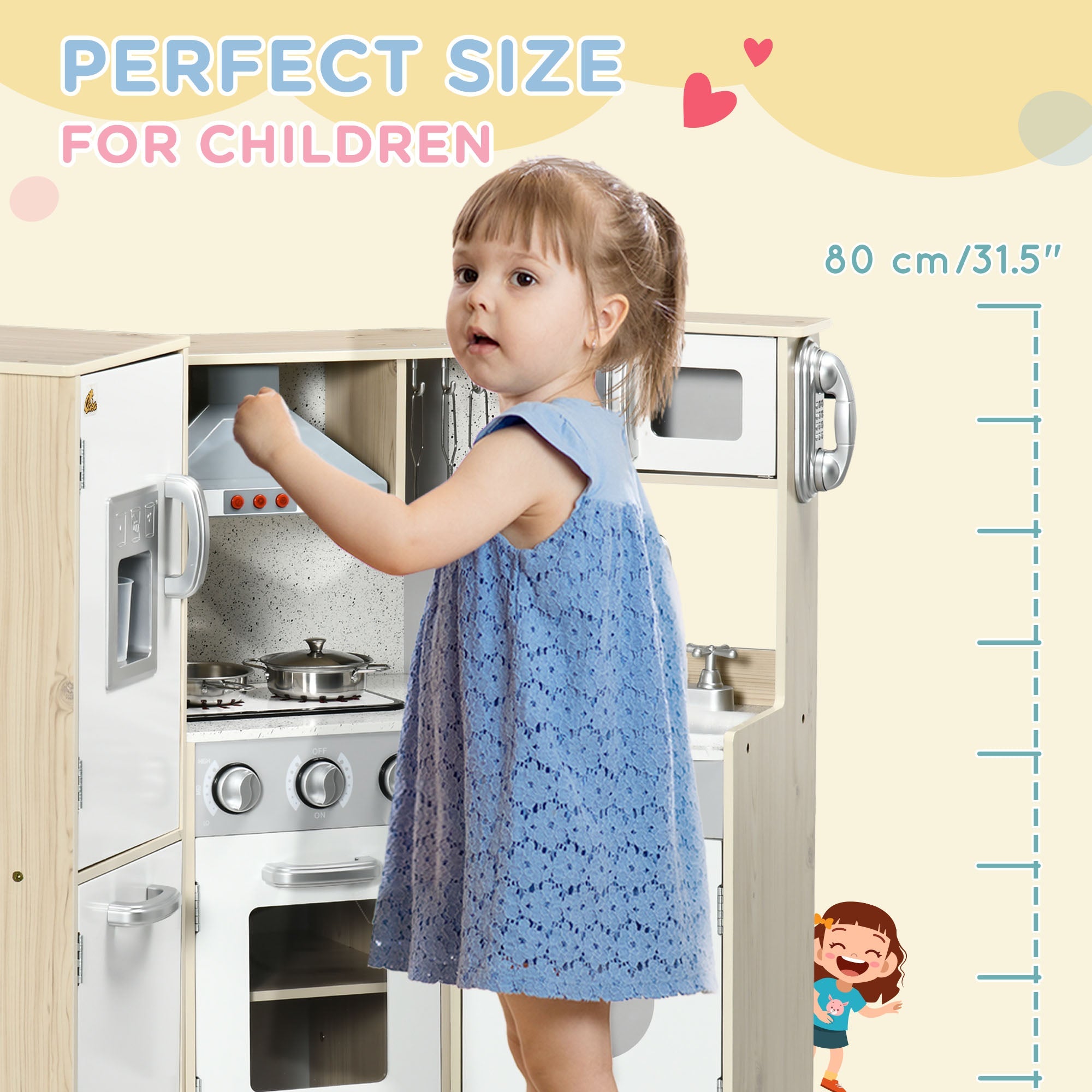 Qaba Deluxe Wooden Kitchen Playset for Kids - Interactive Corner Design with Lights, Sounds, Play Phone, Ice Maker, and More