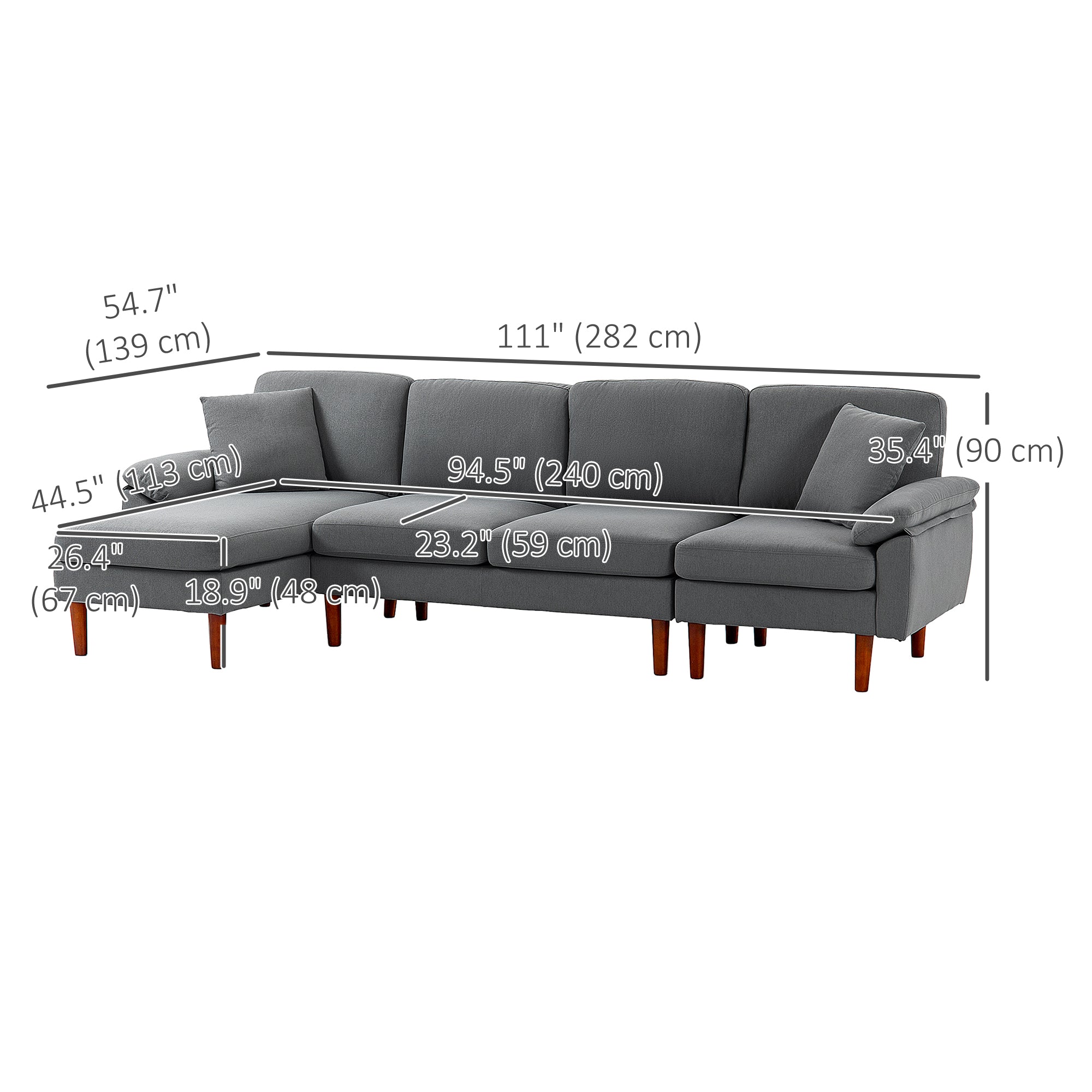 HOMCOM L-Shape Sectional Sofa: Modern Dark Grey Sofa with Reversible Chaise, Pillows & Wooden Legs