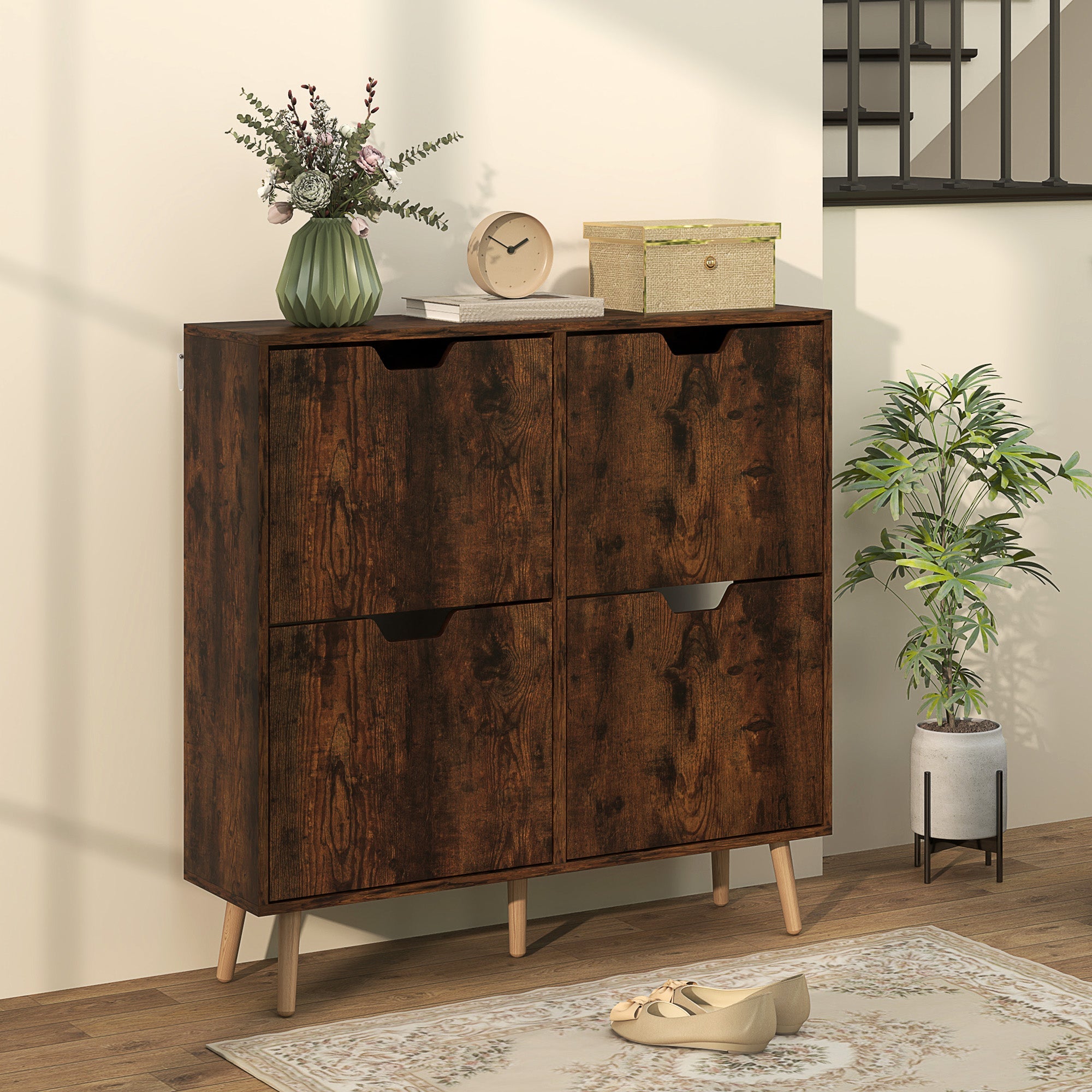 HOMCOM Shoe Storage Cabinet with 4 Flip Drawers and Adjustable Shelf, Shoe Cabinet for 16 Pairs of Shoes, Rustic Brown
