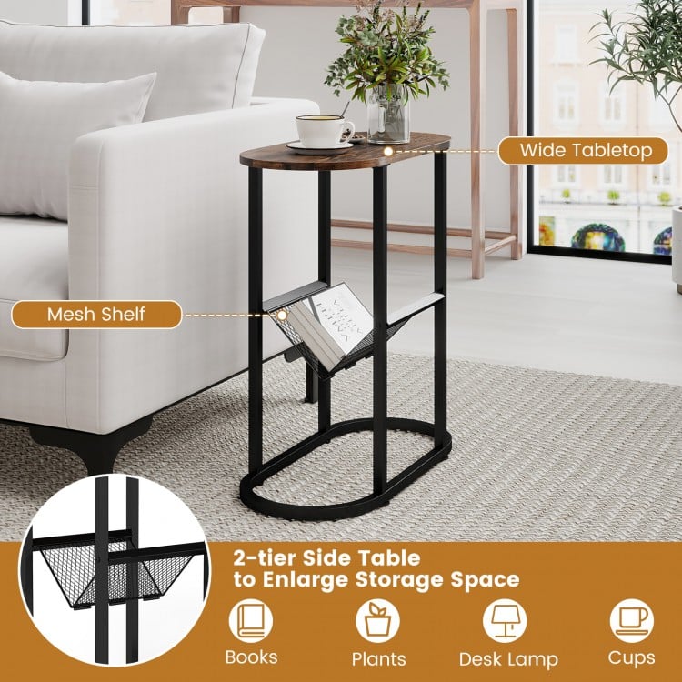 2-Tier Oval Narrow Bedside End Table-Rustic Brown