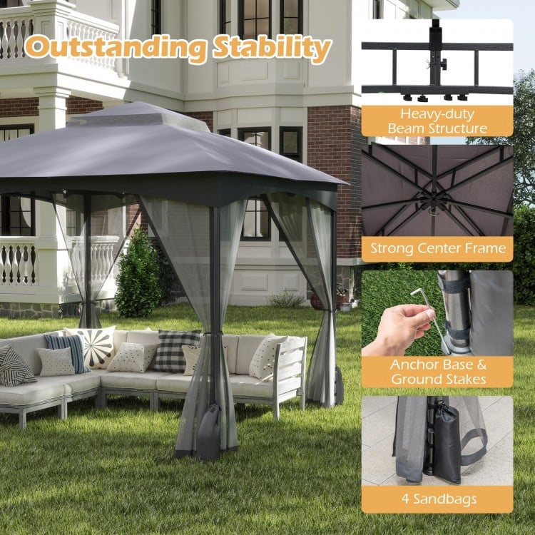 10 X 10 FT Heavy-Duty Patio Gazebo with Netting Walls and 4 Sandbags-Gray