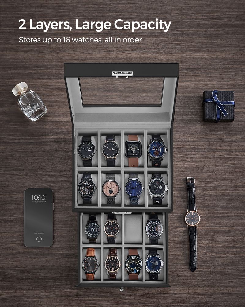 SONGMICS 16 & 20-Slot Watch Box with Glass Lid