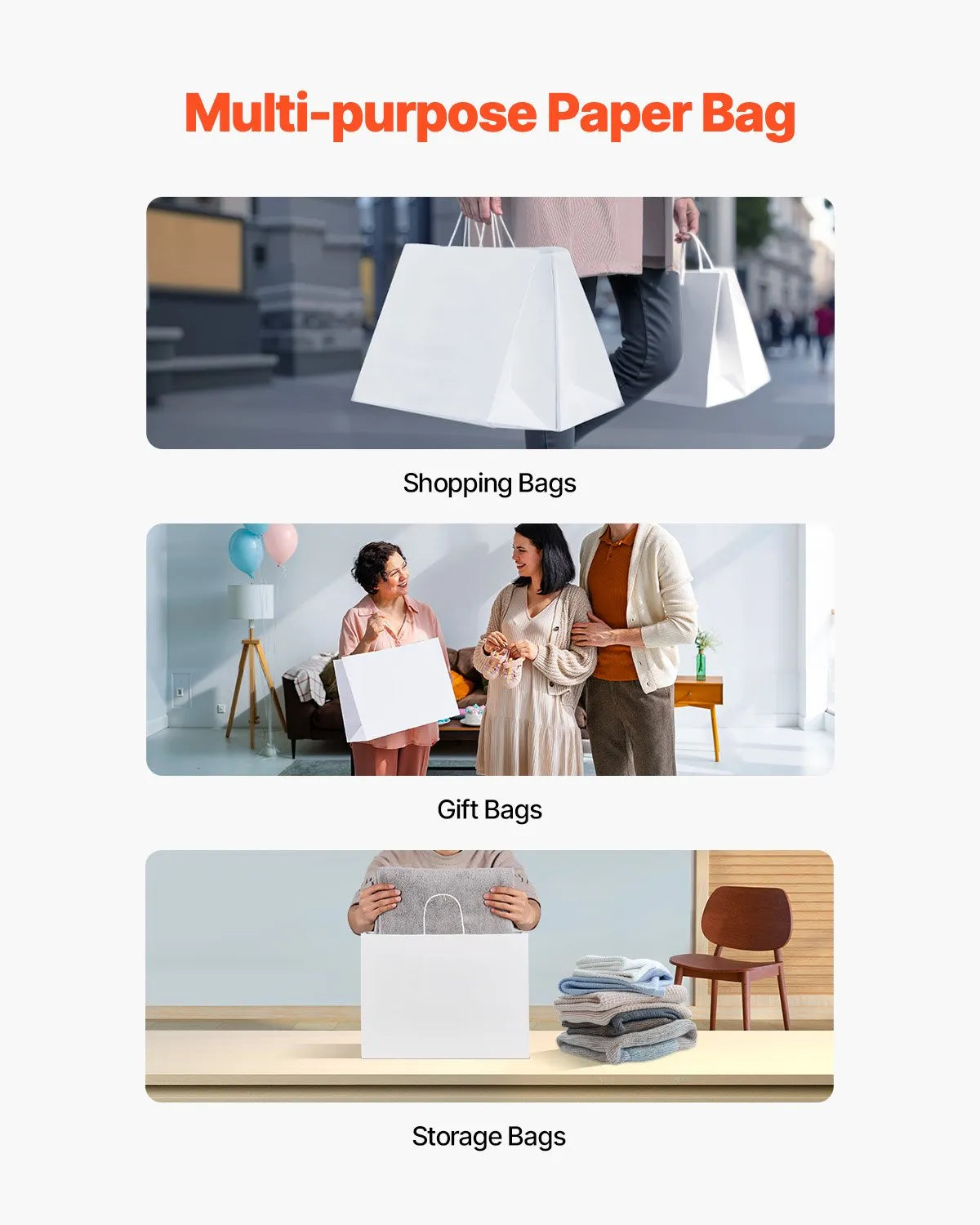 VEVOR Kraft Paper Bags with Handles – 50/100Pcs, 16 x 6 x 12 in, Large Reusable & Recycled Grocery/Party Bags – White, Brown, Black