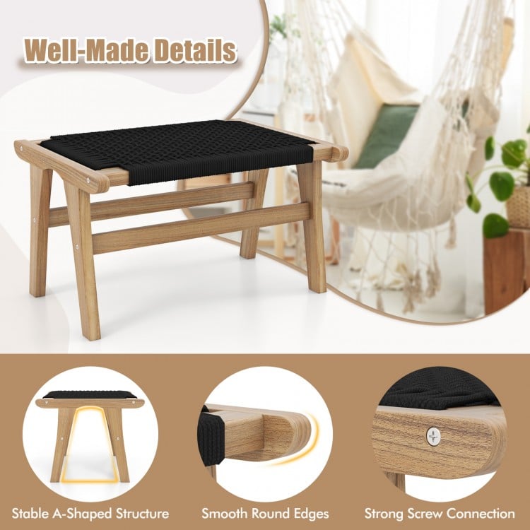Indoor Outdoor Ottoman Footstool Teak Wooden Foot Rest with Handwoven Cordage