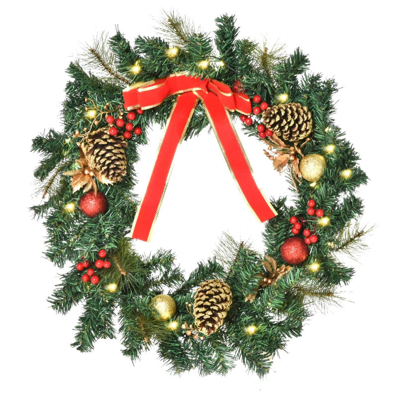 HOMCOM 24" Pre-Lit Artificial Christmas Wreath – Green Spruce with Cones, Red Berries & 20 LED Lights, Battery Operated