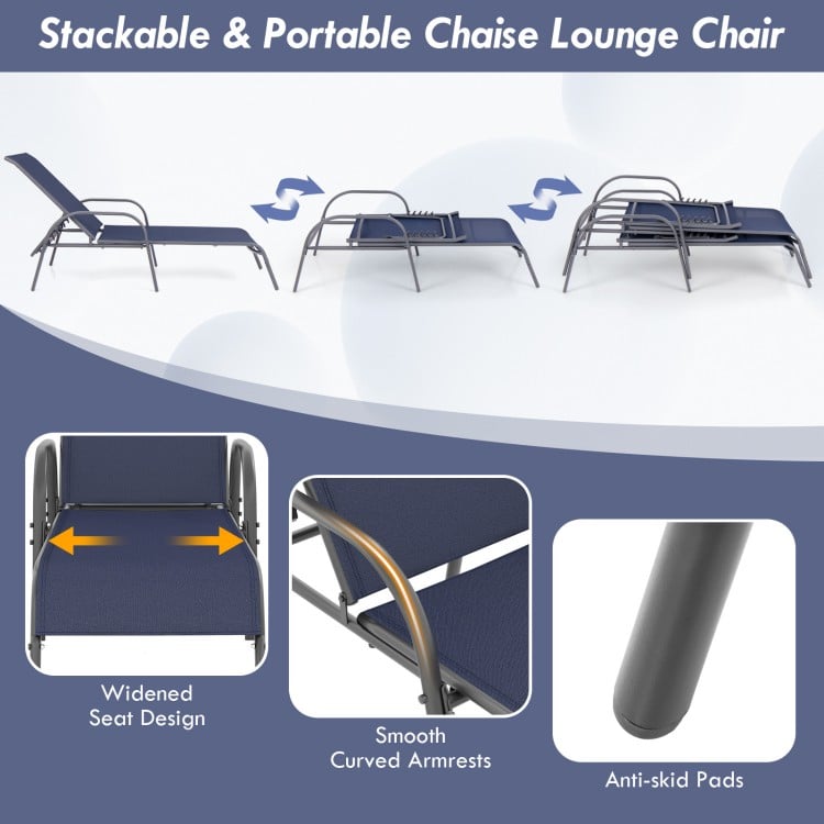 2 Pcs Outdoor Patio Lounge Chair Chaise Fabric with Adjustable Reclining Armrest-Navy