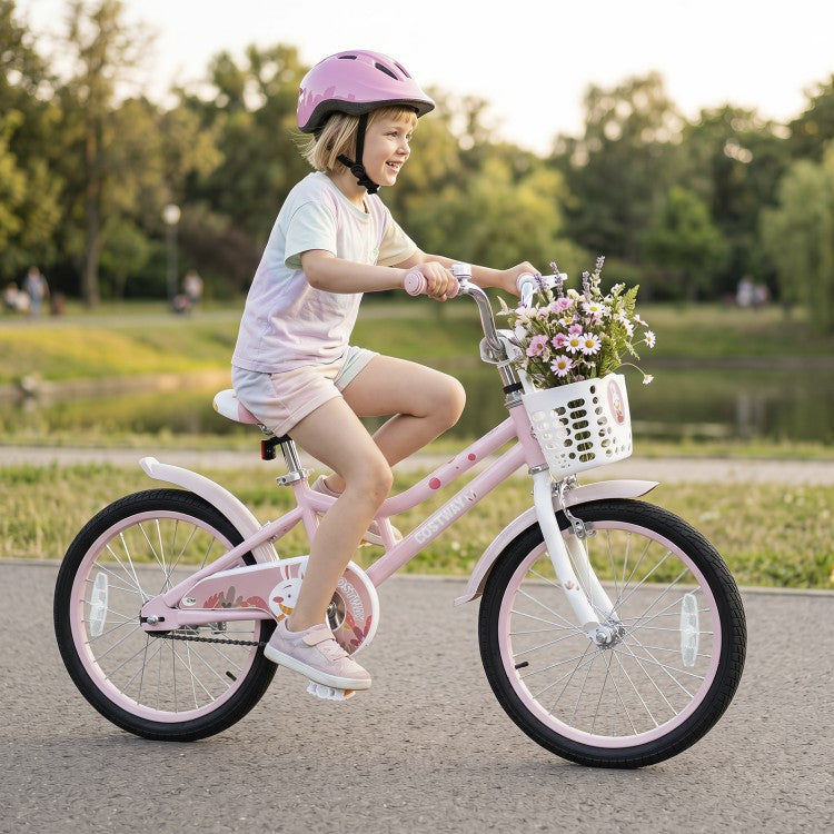 18-Inch Adjustable Kids Bike with Training Wheels, Front Basket & Dual Brakes – Purple