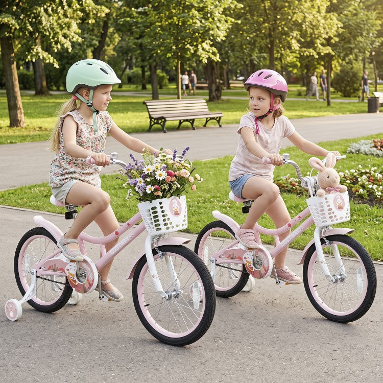 18-Inch Adjustable Kids Bike with Training Wheels, Front Basket & Dual Brakes – Purple