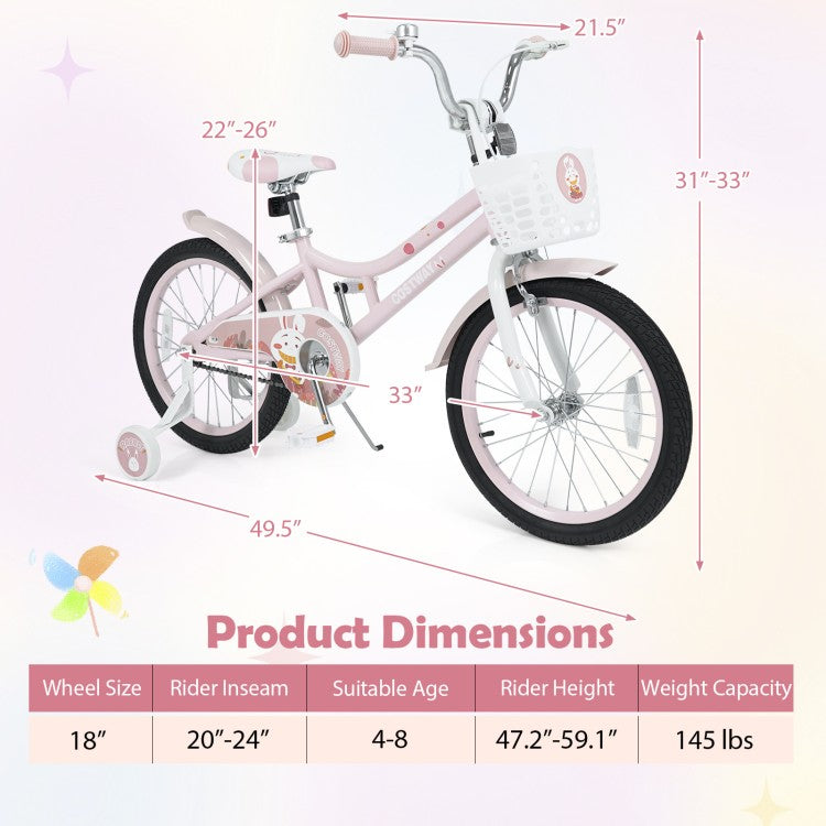 18-Inch Adjustable Kids Bike with Training Wheels, Front Basket & Dual Brakes – Purple