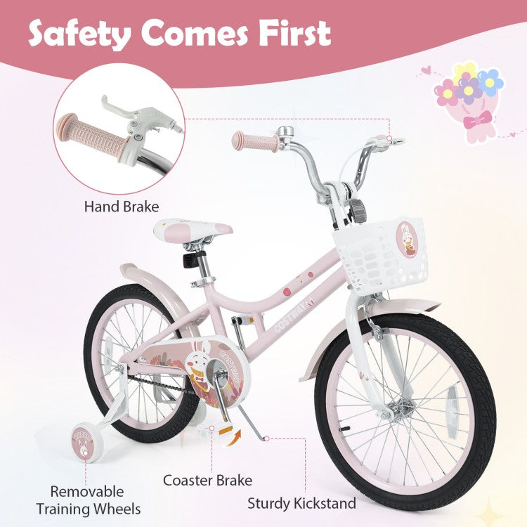 18-Inch Adjustable Kids Bike with Training Wheels, Front Basket & Dual Brakes – Purple