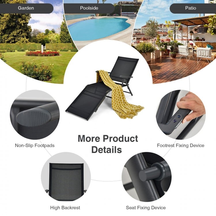 2 Pieces Foldable Chaise Lounge Chair with 2-Position Footrest-Gray