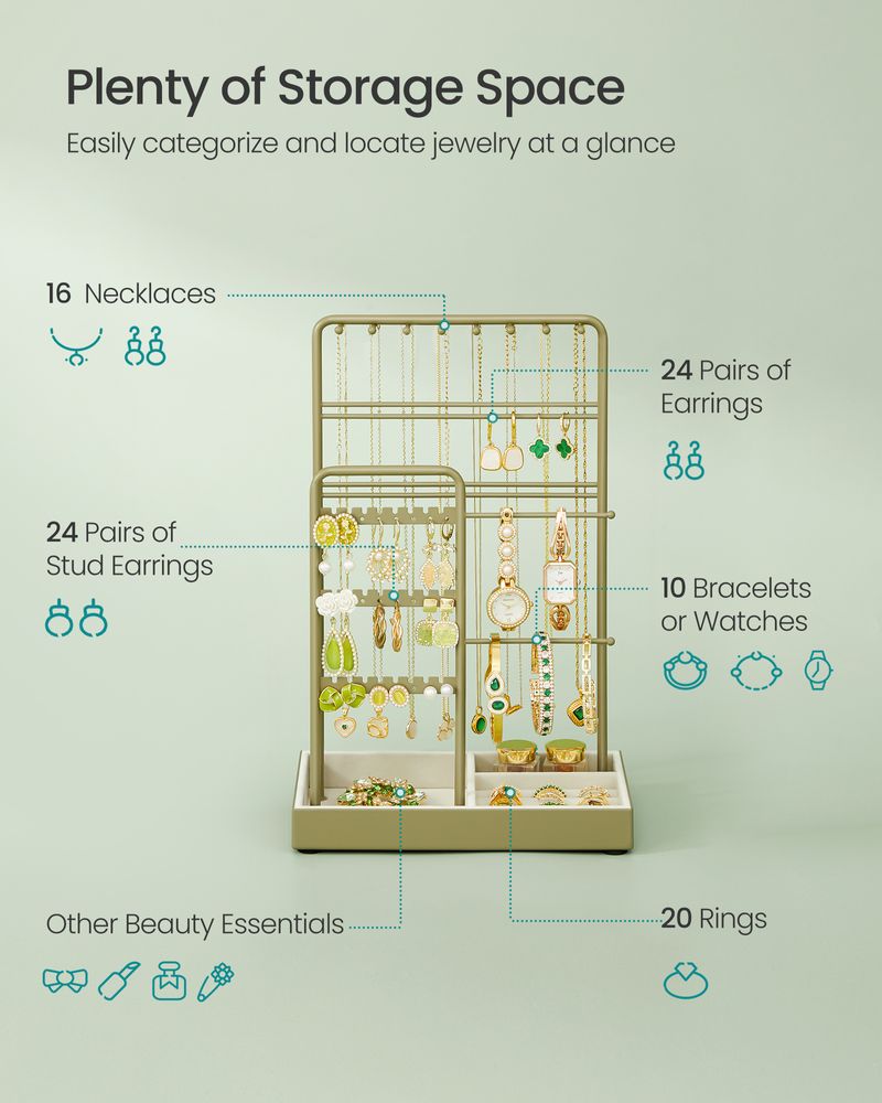 SONGMICS Jewelry Holder with Metal Frame and Velvet Tray