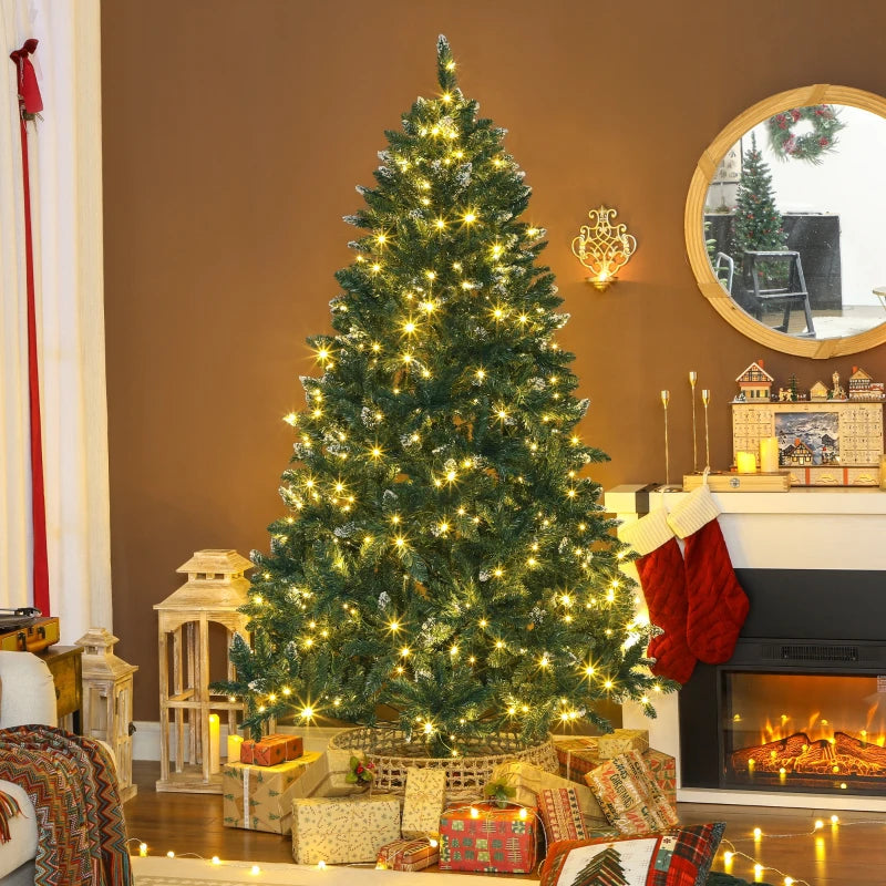 HOMCOM 6ft Frosted Pre-Lit Christmas Tree – Full Spruce with Dual Colour LED Lights, Hinged Design, Easy Assembly