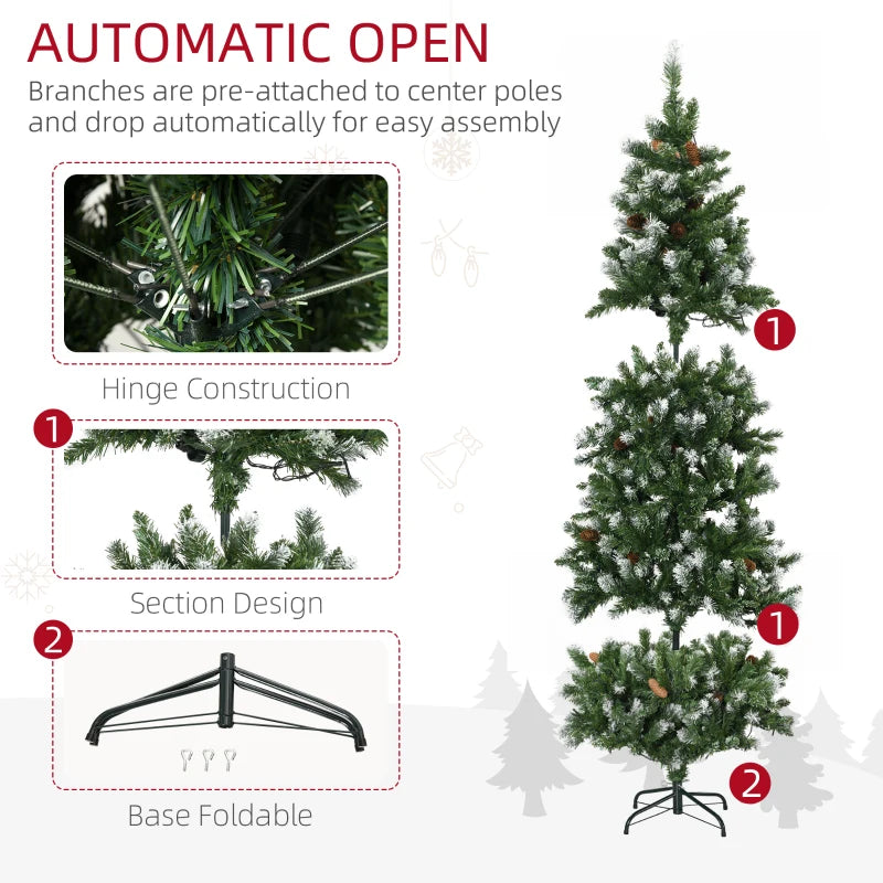 HOMCOM 7.5ft Decorated Skinny Pre-Lit Artificial Christmas Tree – Snow-Dipped Branches with Pinecones, Auto Open Design