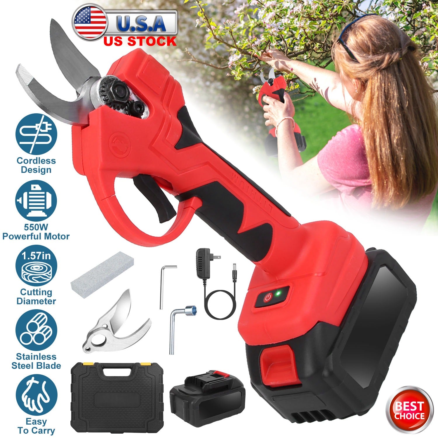 21V Cordless Electric Pruning Shears 40mm 1.57" Electric Branch Scissors Tree Branch Cutter with 2 Rechargeable Batteries Sharpening Stone Blade Repla