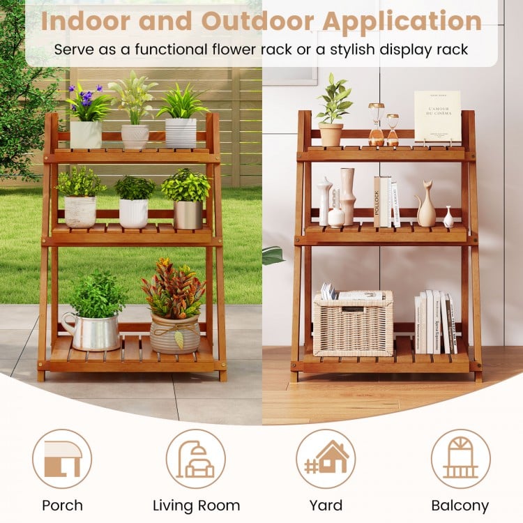 Foldable 3-Tier Solid Wood Plant Stand for Patio Balcony
