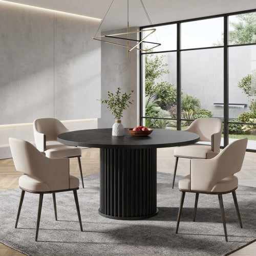 47" Round Dining Table, Wood Kitchen Table with Sturdy Fluted Metal Base, Modern Black Dining Table for 6 People