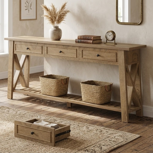 70.8" Console Table with 3 Storage Drawers, Long Sofa Table Behind Couch with Shelf, Farmhouse Entryway Table Brown