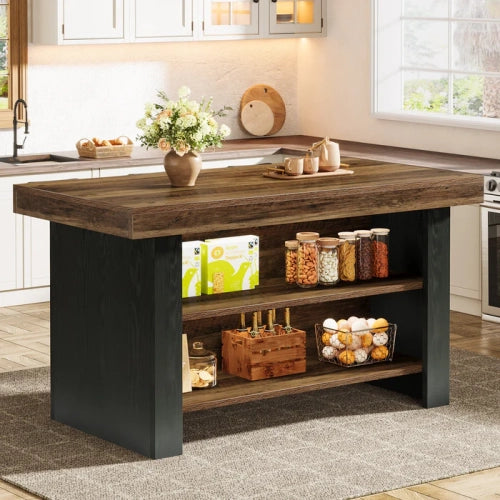 55" Kitchen Island, Farmhouse Center Island Table with 2-Tier Storage Shelves, Large Prep Station Brown