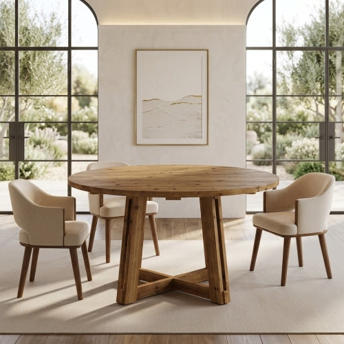 Conference Table 47" Solid Wood Round Meeting Table with Thickened Tabletop and Cross Base Design Brown