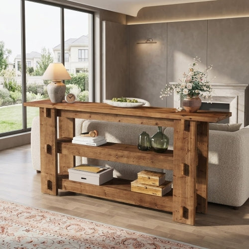 Console Table 63" Solid Wood Farmhouse Sofa Table Behind Couch with 3-Tier Storage Shelves and Heavy Duty Design Rustic Brown