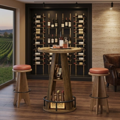 Bar Table 39.4" 3-Tier High Top Bistro Cocktail Pub Table with Metal Footrest and Storage Shelves Rustic Brown