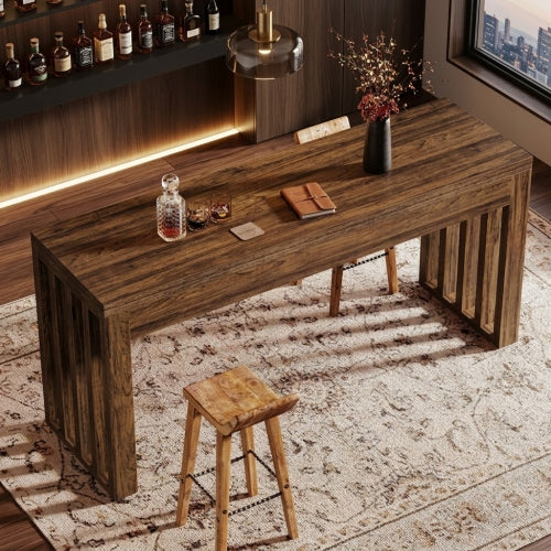 Bar Table 63" Farmhouse Counter Height Pub Dining Table for Bistro with Thick Tabletop and Slatted Base Design Rustic Brown