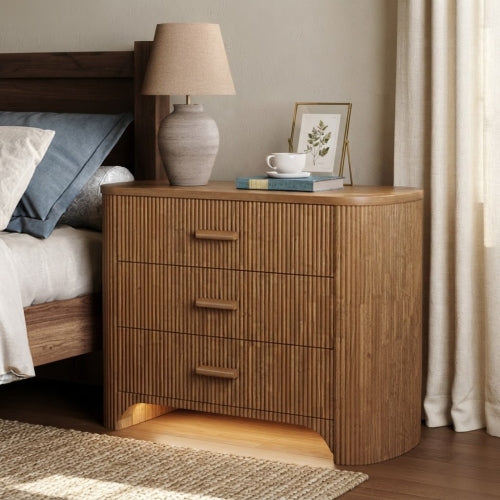 Nightstand 31.5" Oversized Bedside Table with 3 Drawers Mid-Century Modern Fluted Design Wide Storage Cabinet Brown Finish for Bedroom