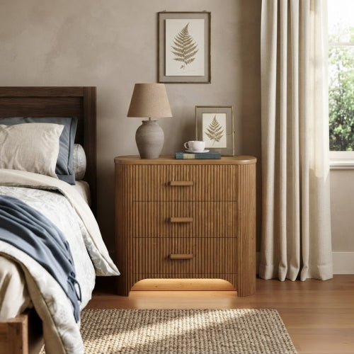 Nightstand 31.5" Oversized Bedside Table with 3 Drawers Mid-Century Modern Fluted Design Wide Storage Cabinet Brown Finish for Bedroom
