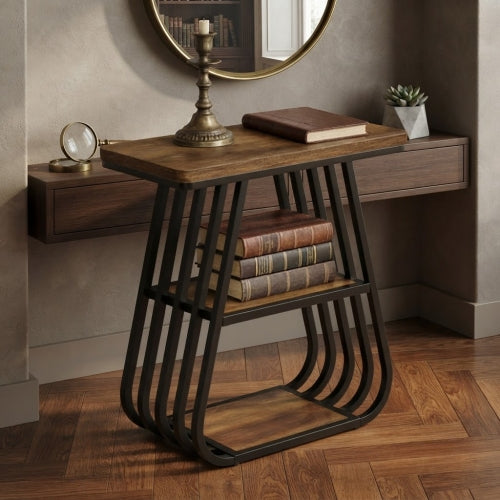 End Table 23.62" 3-Tier Narrow Side Table with Storage Shelves Industrial Metal Frame Oak Finish for Small Spaces Living Room Bedroom