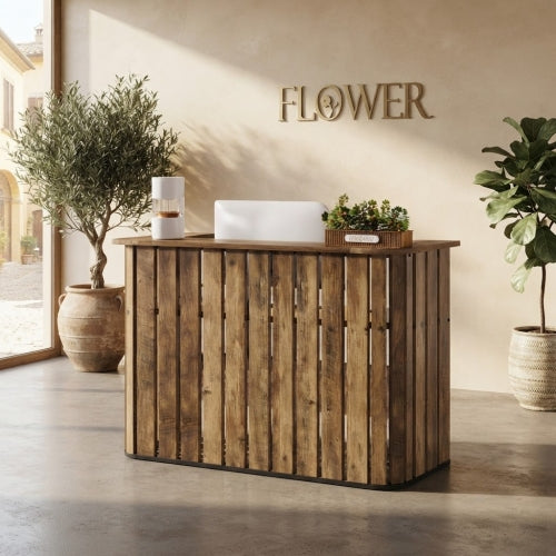 Reception Desk 63" U-Shaped Front Desk with Counter Two-Tier Workspace Slatted Panel Modern Office Retail Counter Rustic Brown