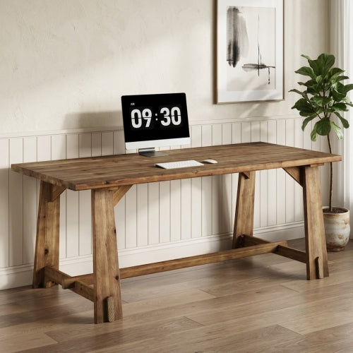 63" Solid Wood Office Desk Farmhouse Executive Computer Desk with Large Work Surface 1.18" Thick Tabletop for Home Office Rustic Natural