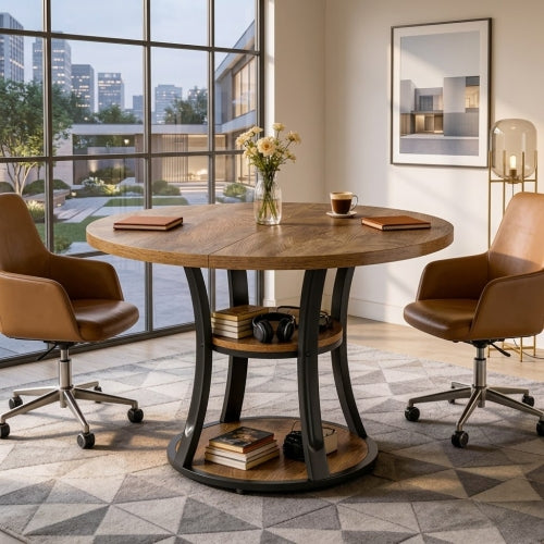 39" Round Conference Table Modern Meeting Room Table with Storage Shelf Metal Base for 2-4 People Industrial Rustic Brown Black